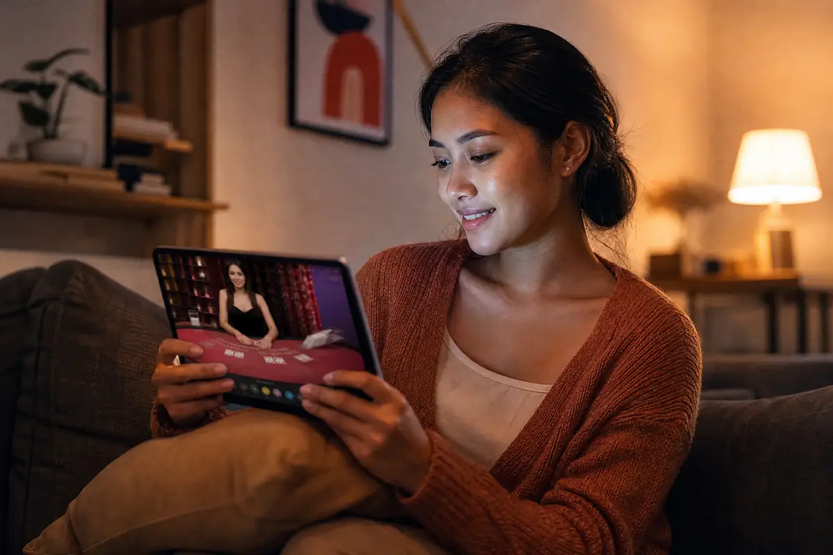 Wanita menonton siaran live casino di tablet