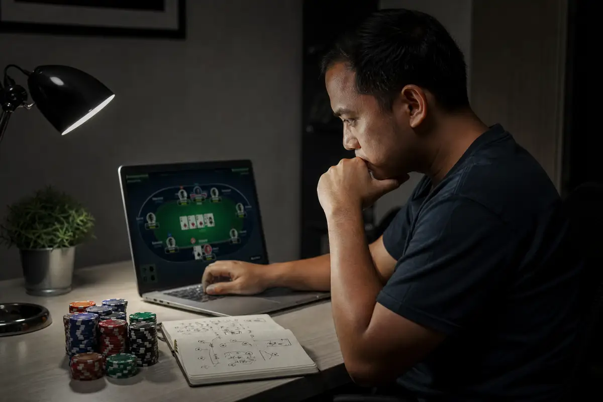 Pria fokus bermain poker di laptop dengan chip di meja