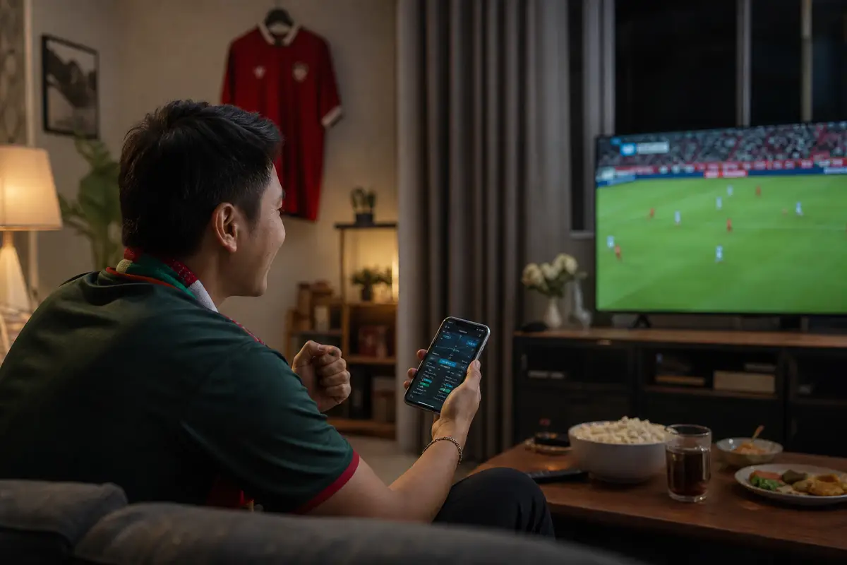 Pria menonton pertandingan sepak bola sambil memeriksa statistik di ponsel