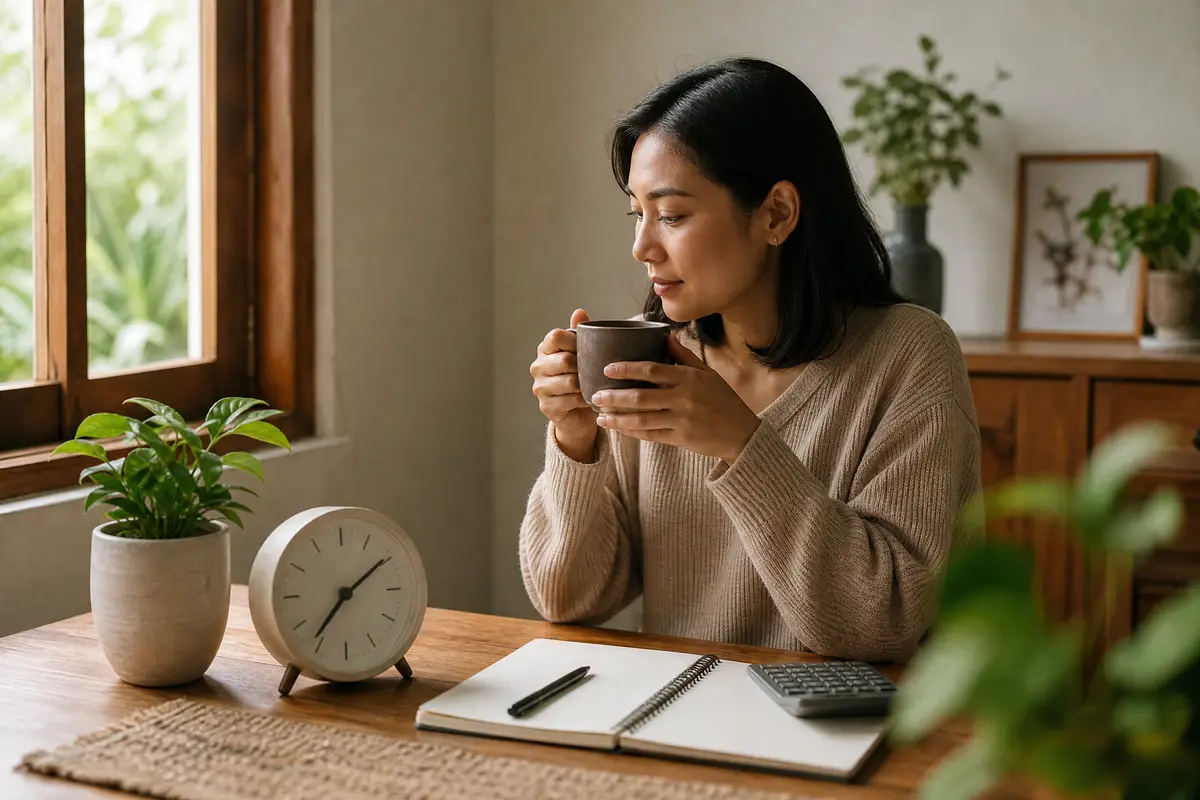 Wanita minum kopi dengan tenang sambil melihat jam dan buku catatan anggaran