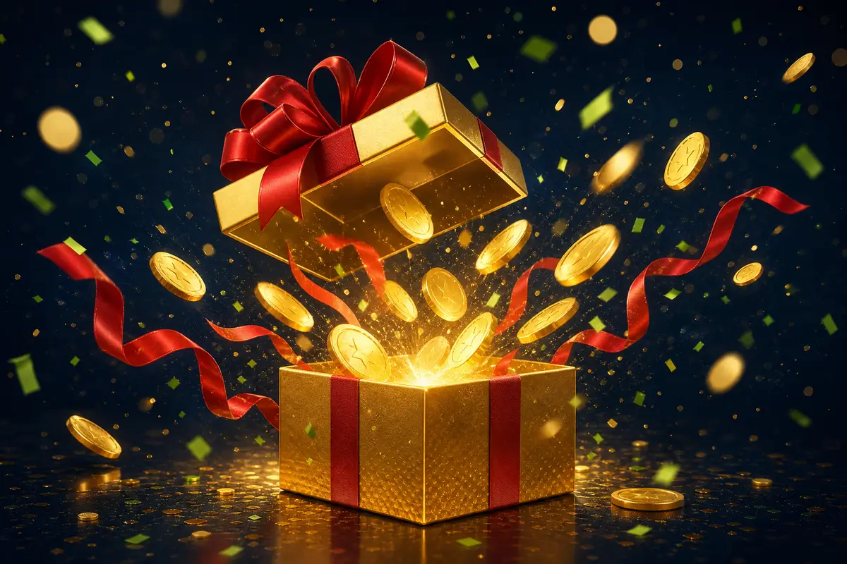 Kotak hadiah emas dengan koin beterbangan