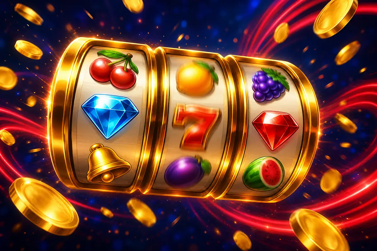 Ilustrasi gulungan slot emas dengan simbol buah dan permata