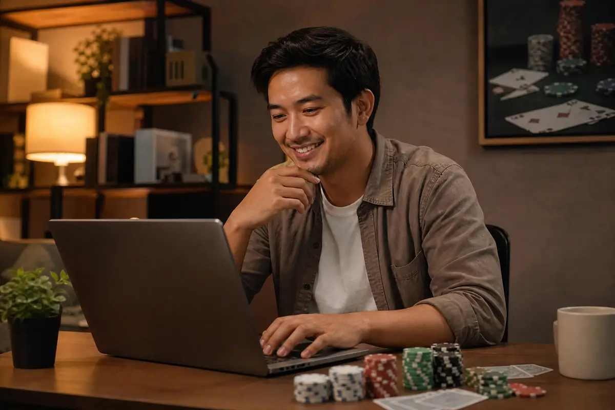 Pria membaca panduan di laptop
